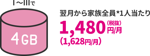 Ⅰ～Ⅲで翌月から家族全員1人当たり1,480円（税抜）／月（1,628円／月）